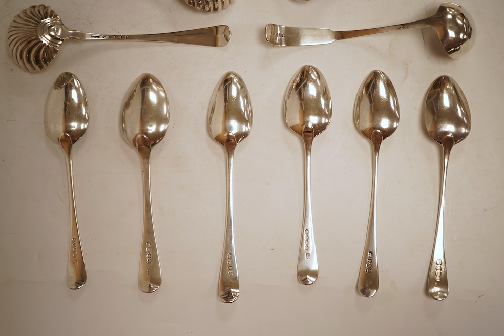 A pair of George III silver feather edge Old English pattern sauce ladles, with shell bowls, London, 1771?, 17.6cm, together with a pair of George III Scottish silver toddy ladles, George Fenwick, Edinburgh, 1816, one ot